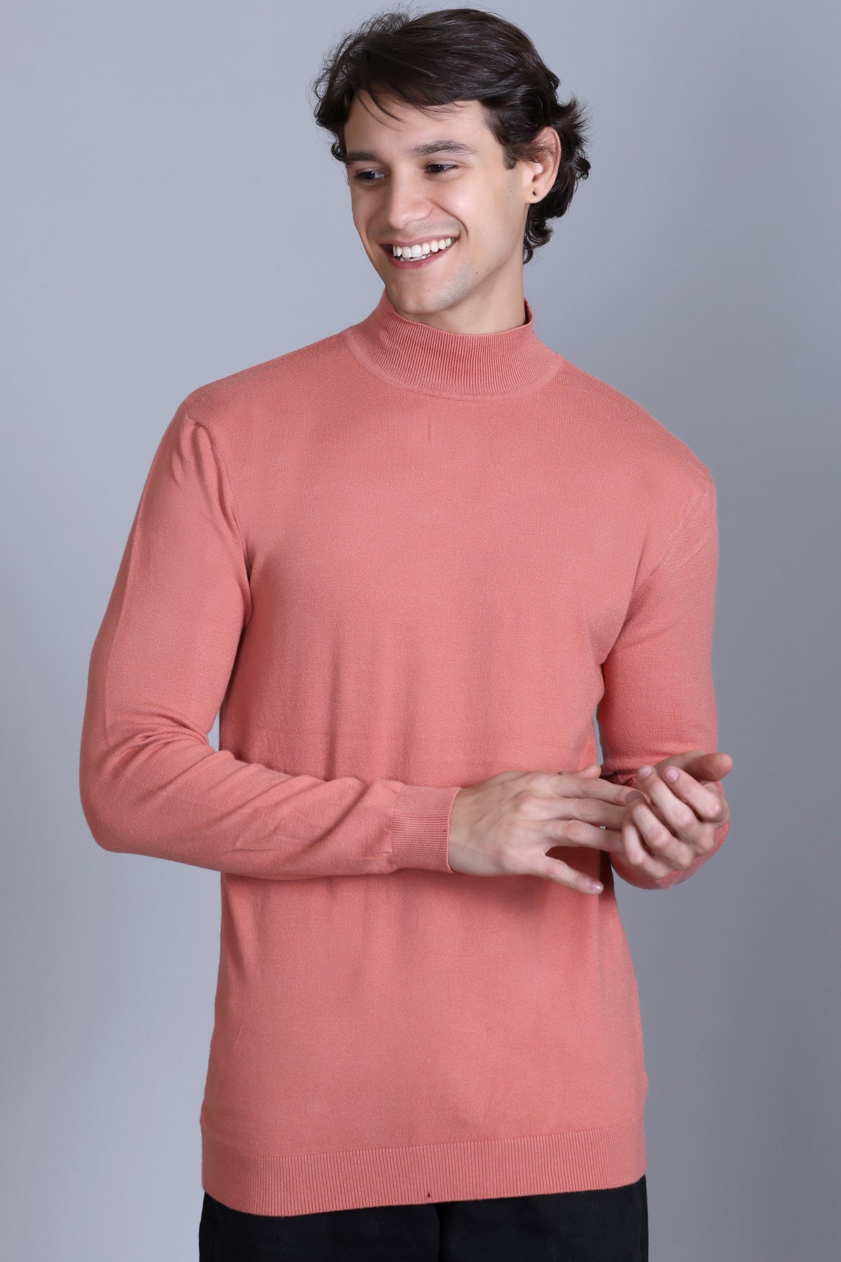 Men’s Self Design High Neck Peach Sweater