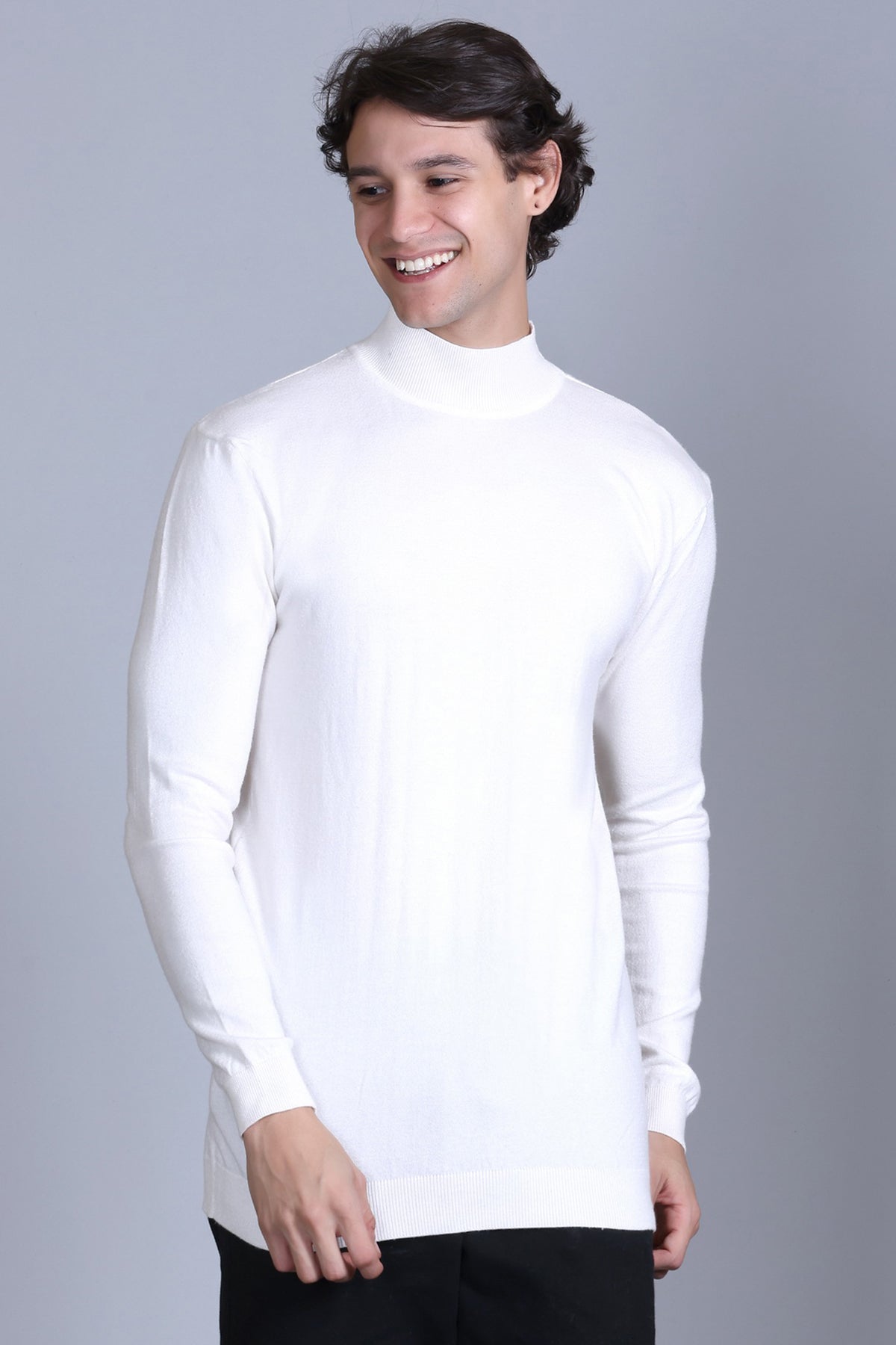 Men Self Design High Neck White Sweater