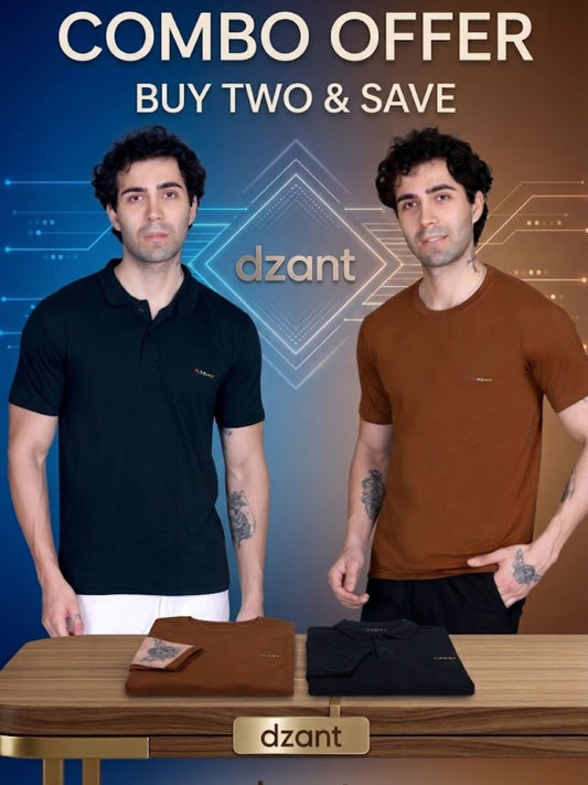 Dzant Premium Men's T-Shirt Combo: Classic Black Polo & Everyday Brown Crew Neck