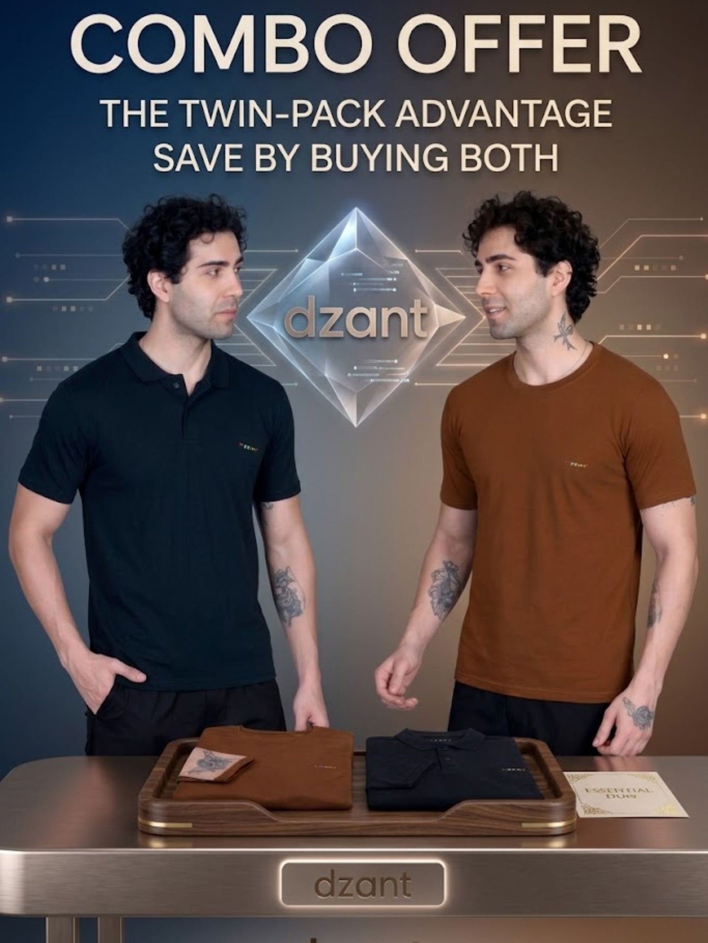 Dzant Premium Men's T-Shirt Combo: Classic Black Polo & Everyday Brown Crew Neck