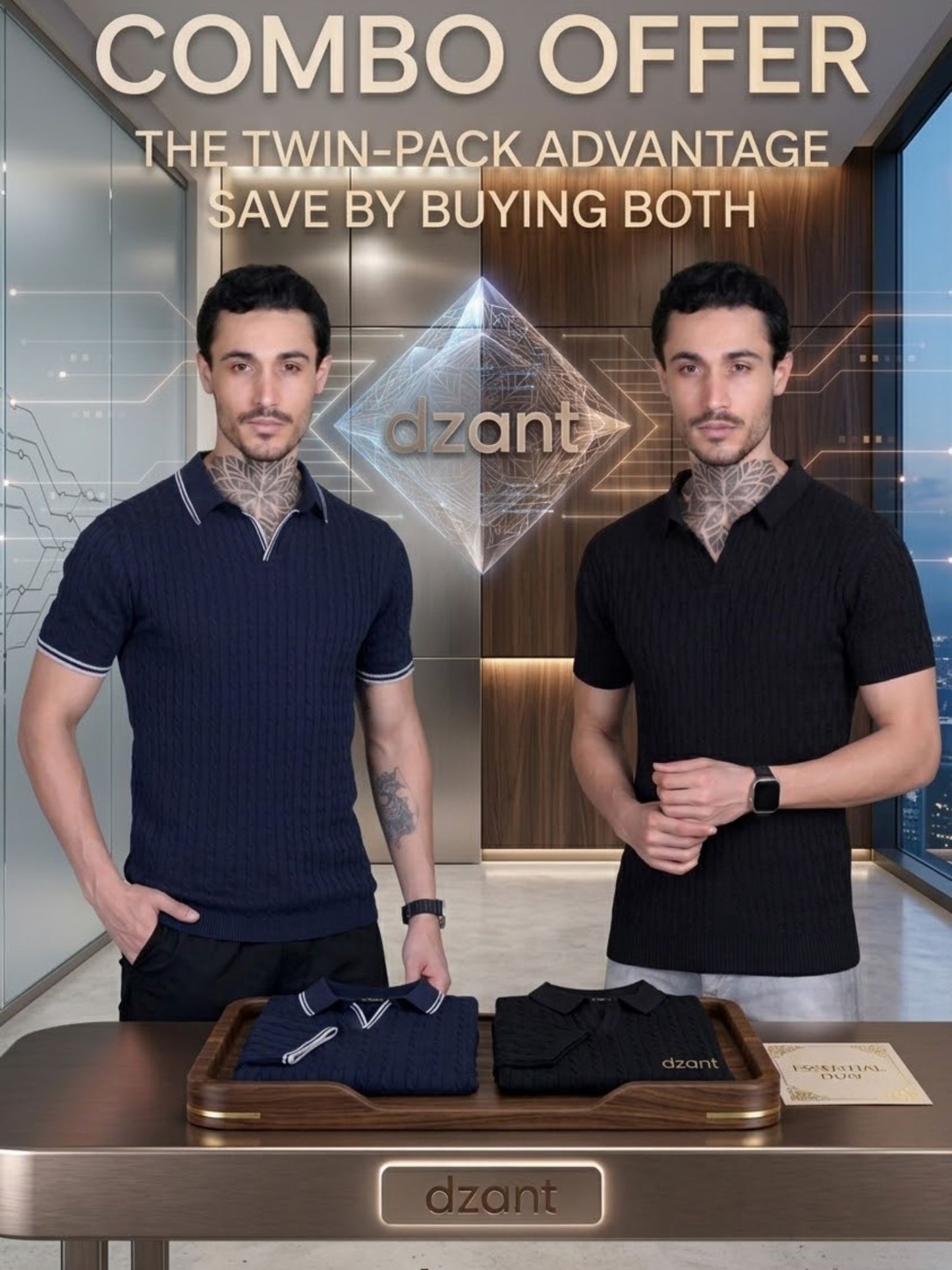 DZANT Premium Knit Polo Shirt Combo: Textured Navy & Classic Black Twin-Pack