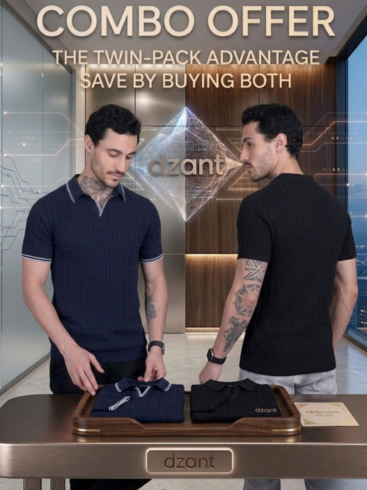 DZANT Premium Knit Polo Shirt Combo: Textured Navy & Classic Black Twin-Pack